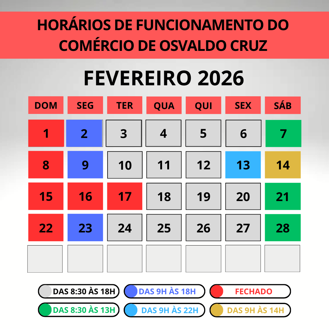 Confira os horários especiais do comércio de Osvaldo Cruz e região para o mês de fevereiro!