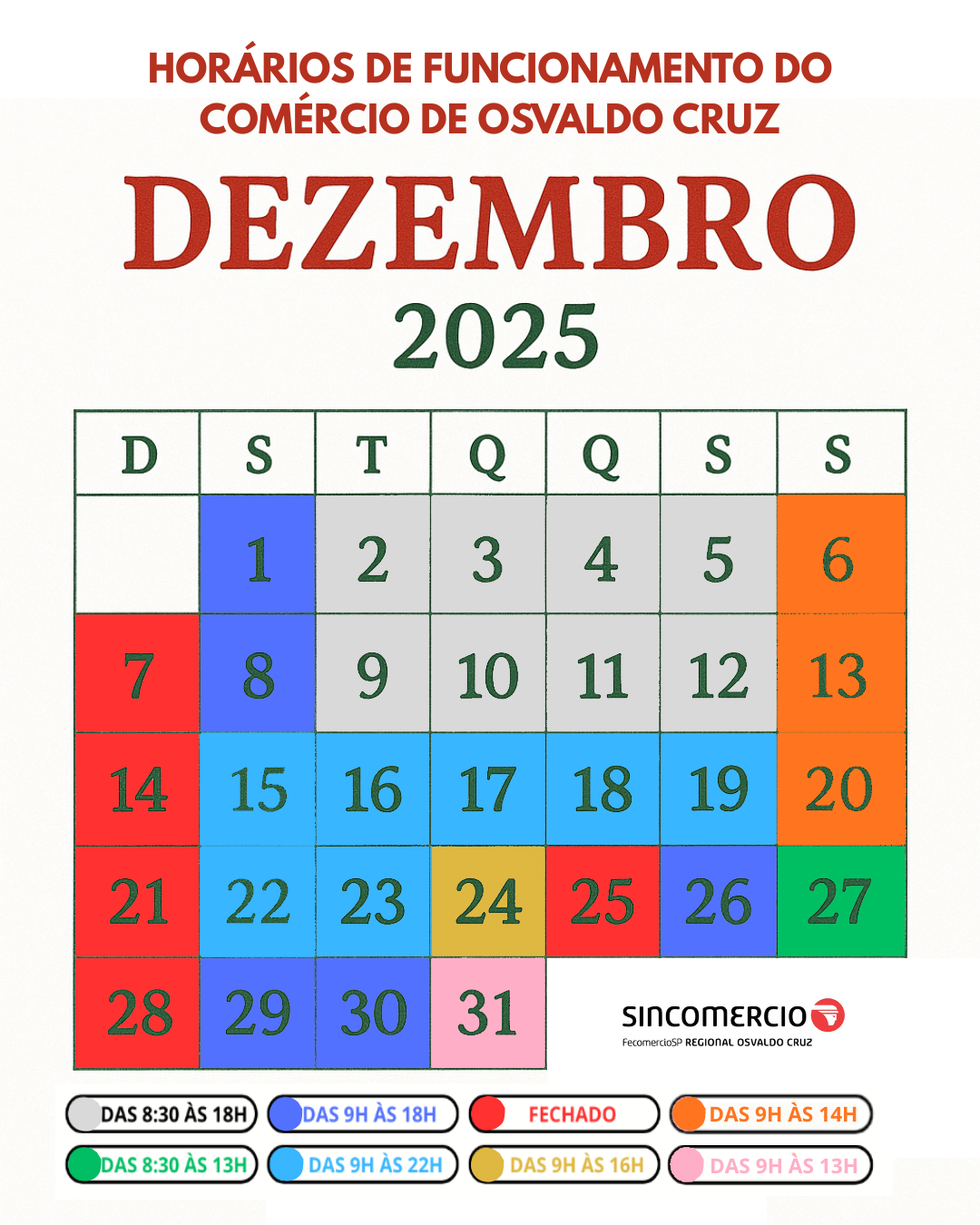 Confira os horários especiais para o mês de dezembro em Osvaldo Cruz!