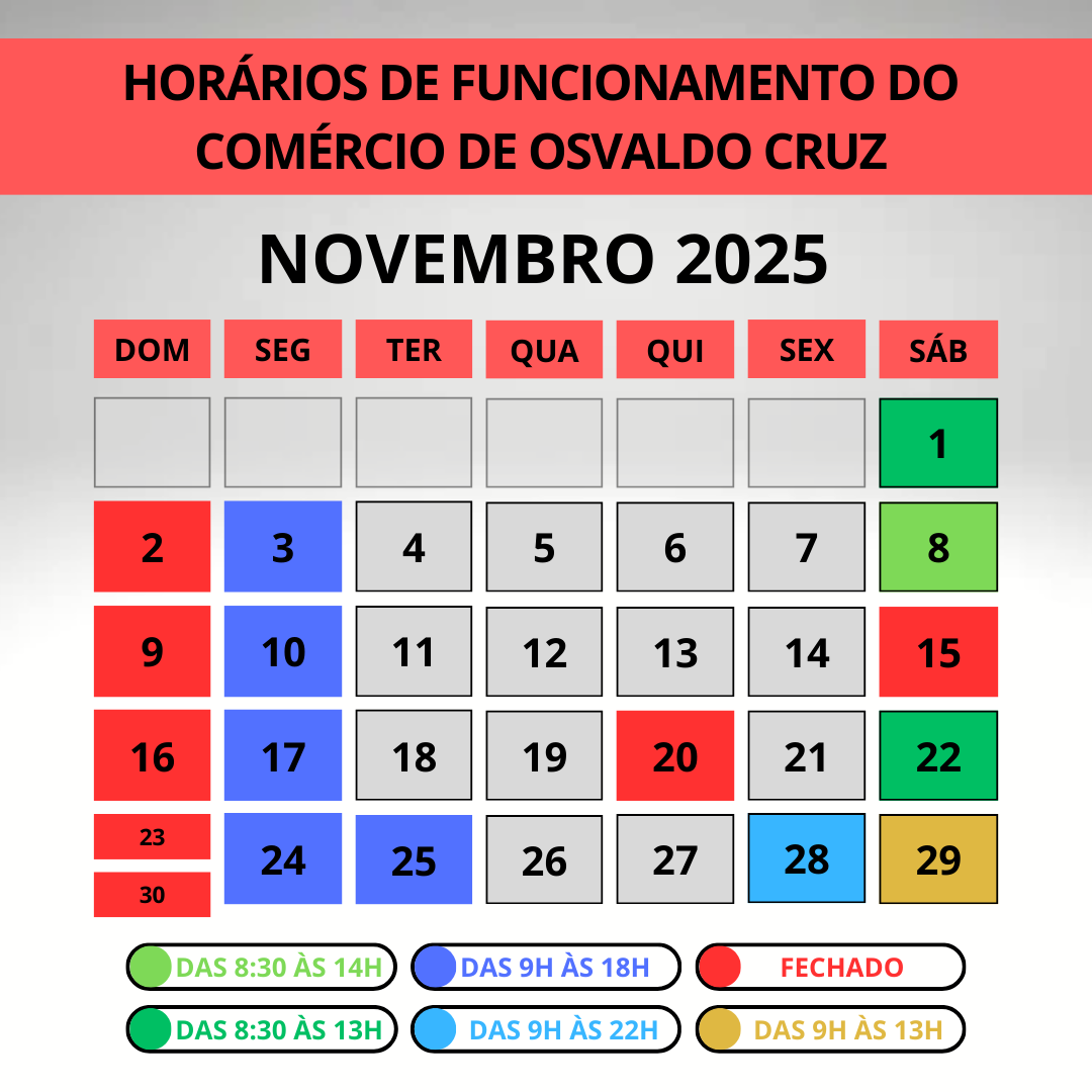 Confira os horários especiais do comércio de Osvaldo Cruz para o mês de Novembro: