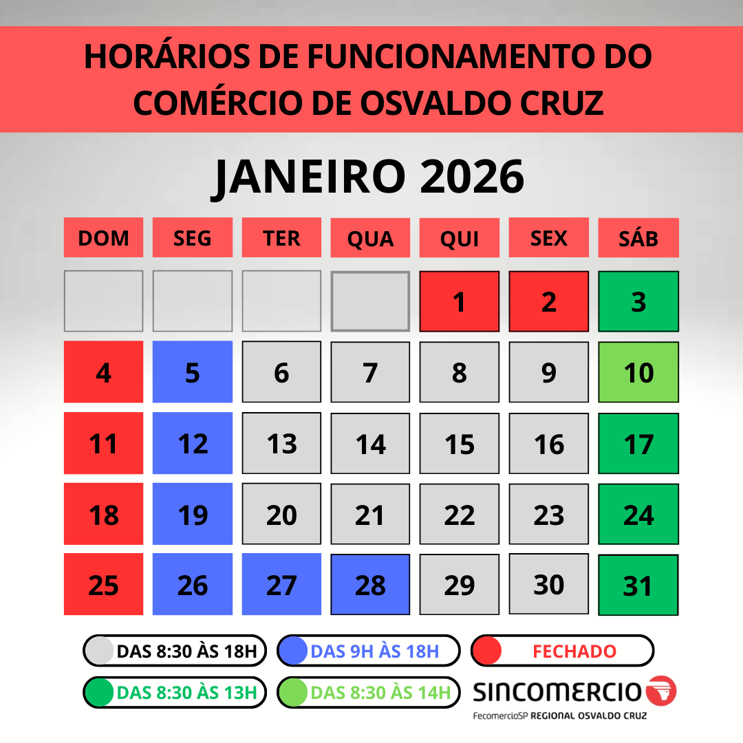 Confira os horários especiais do comércio para o mês de janeiro em Osvaldo Cruz!