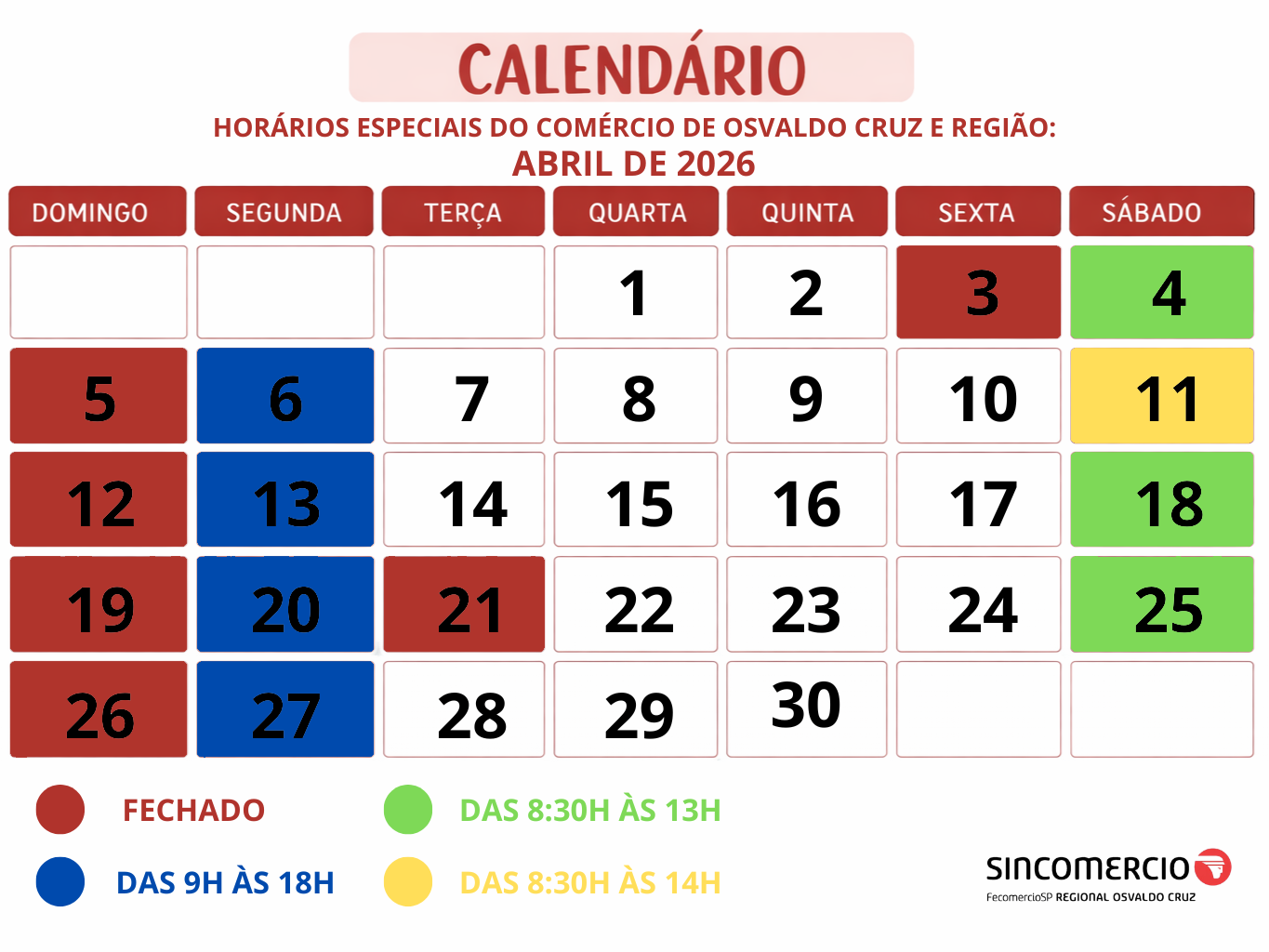 Confira os horários especiais do comércio de Osvaldo Cruz e região para o mês de abril de 2026!