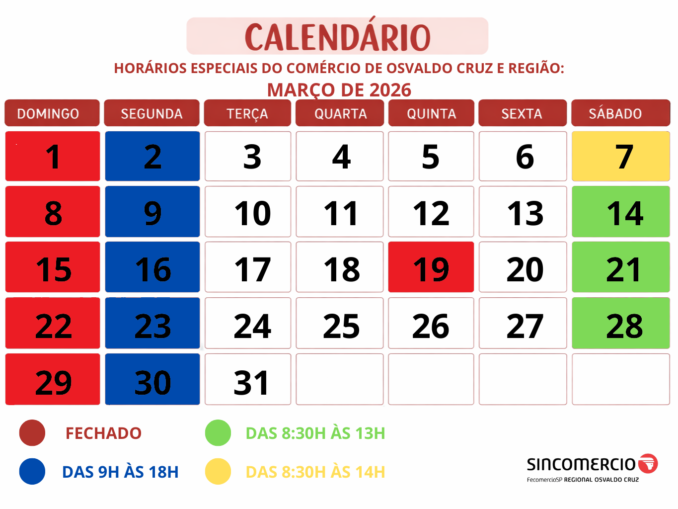 Confira os horários especiais do comércio de Osvaldo Cruz e região para o mês de Março de 2026!