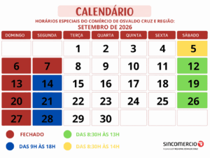 Confira os horários especiais do comércio de Osvaldo Cruz e Região para o mês de setembro!