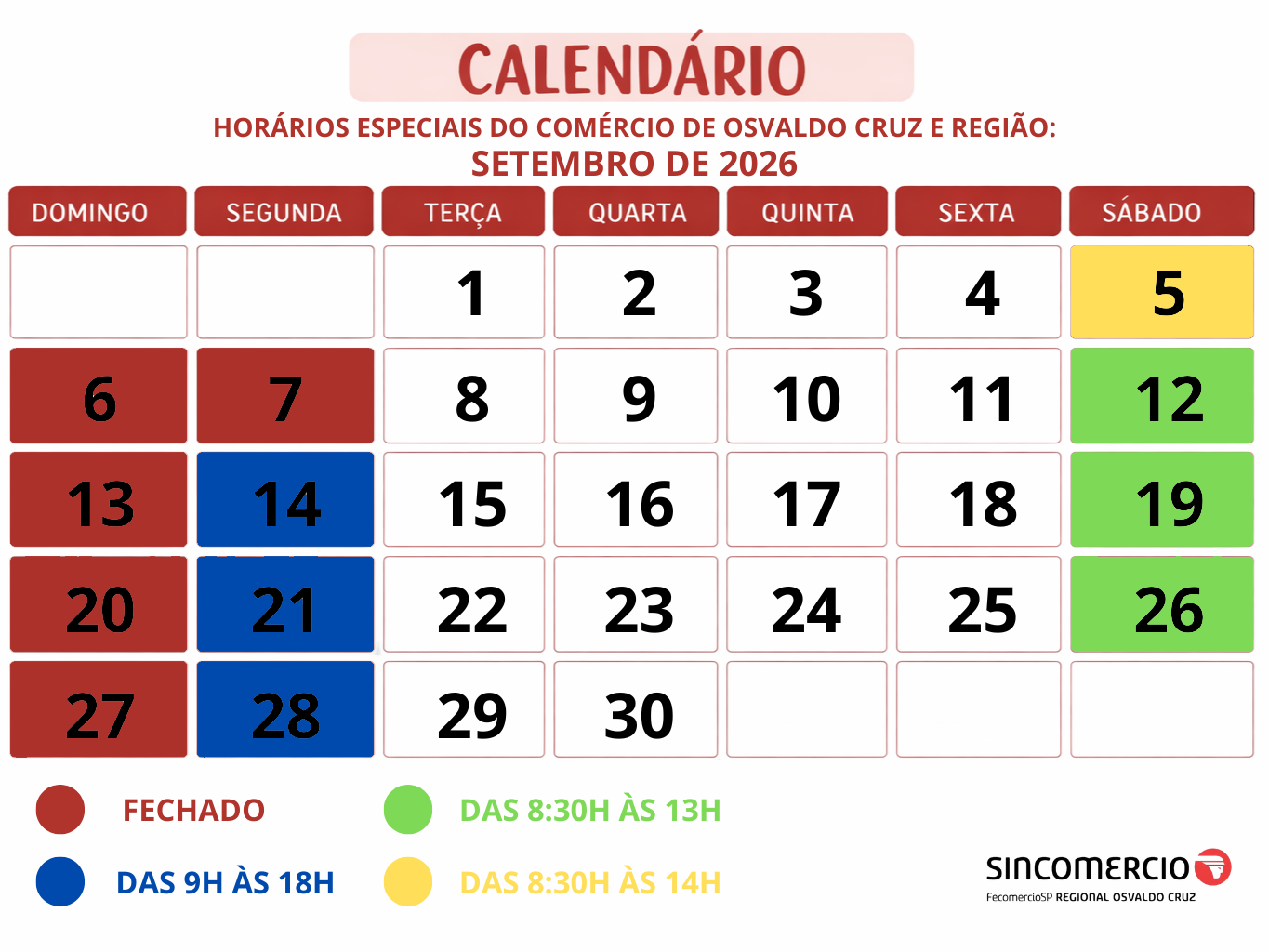 Confira os horários especiais do comércio de Osvaldo Cruz e Região para o mês de setembro!