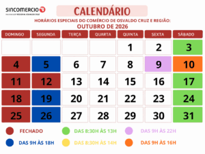 Confira os horários especiais para o comércio de Osvaldo Cruz e região para o mês de outubro de 2026!